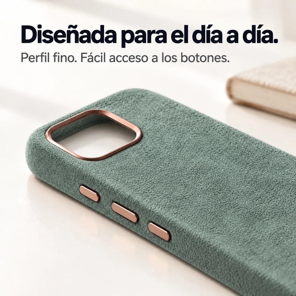 Light green fabric phone case with a close view of its slim side and controls. #color_Sage Green