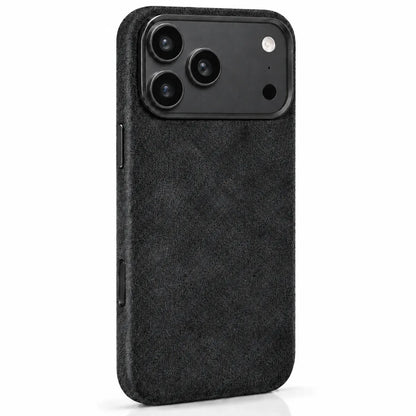 Black fabric phone case in a slightly angled rear view, showing the side controls. #color_Midnight Black