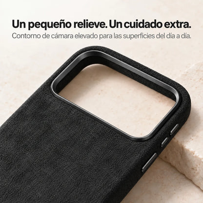 Black fabric phone case with a close view of the raised camera surround. #color_Midnight Black