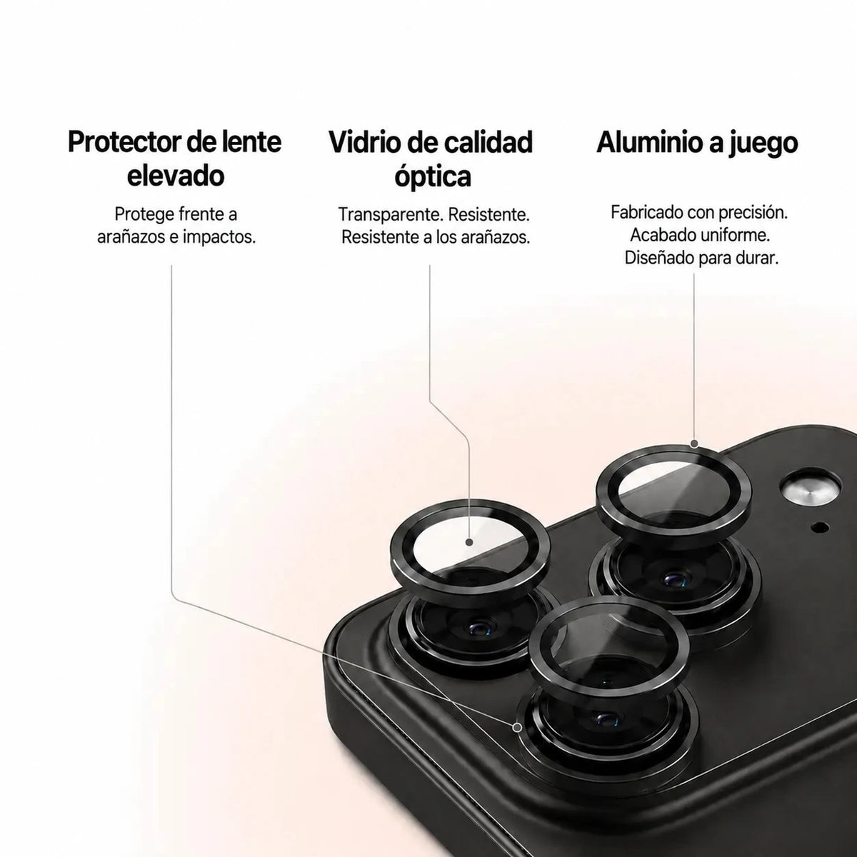 Black metal phone case in an exploded close-up showing camera lens guards and trim #color_Midnight Black