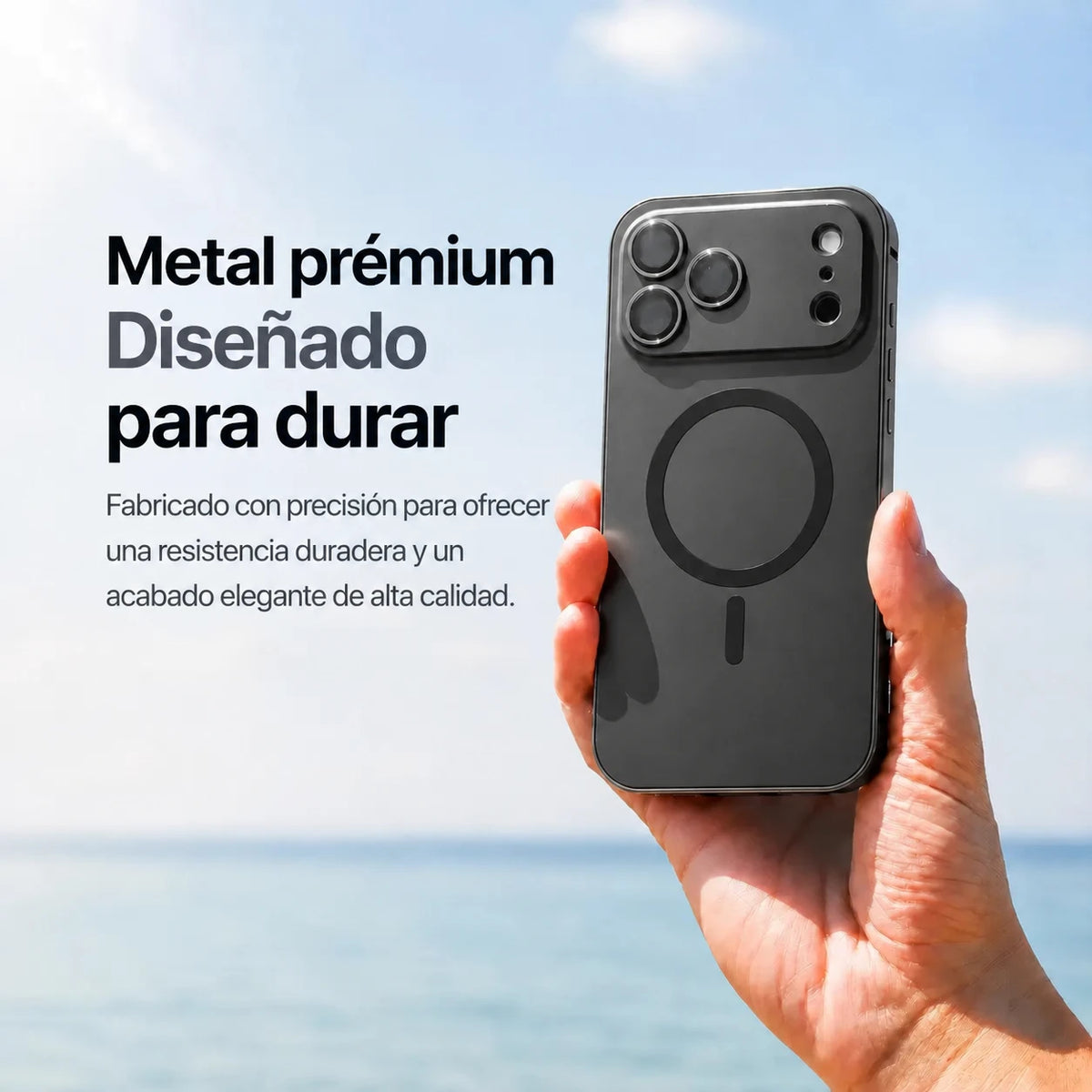 Black metal magnetic phone case held upright beside the sea with a material feature caption #color_Midnight Black
