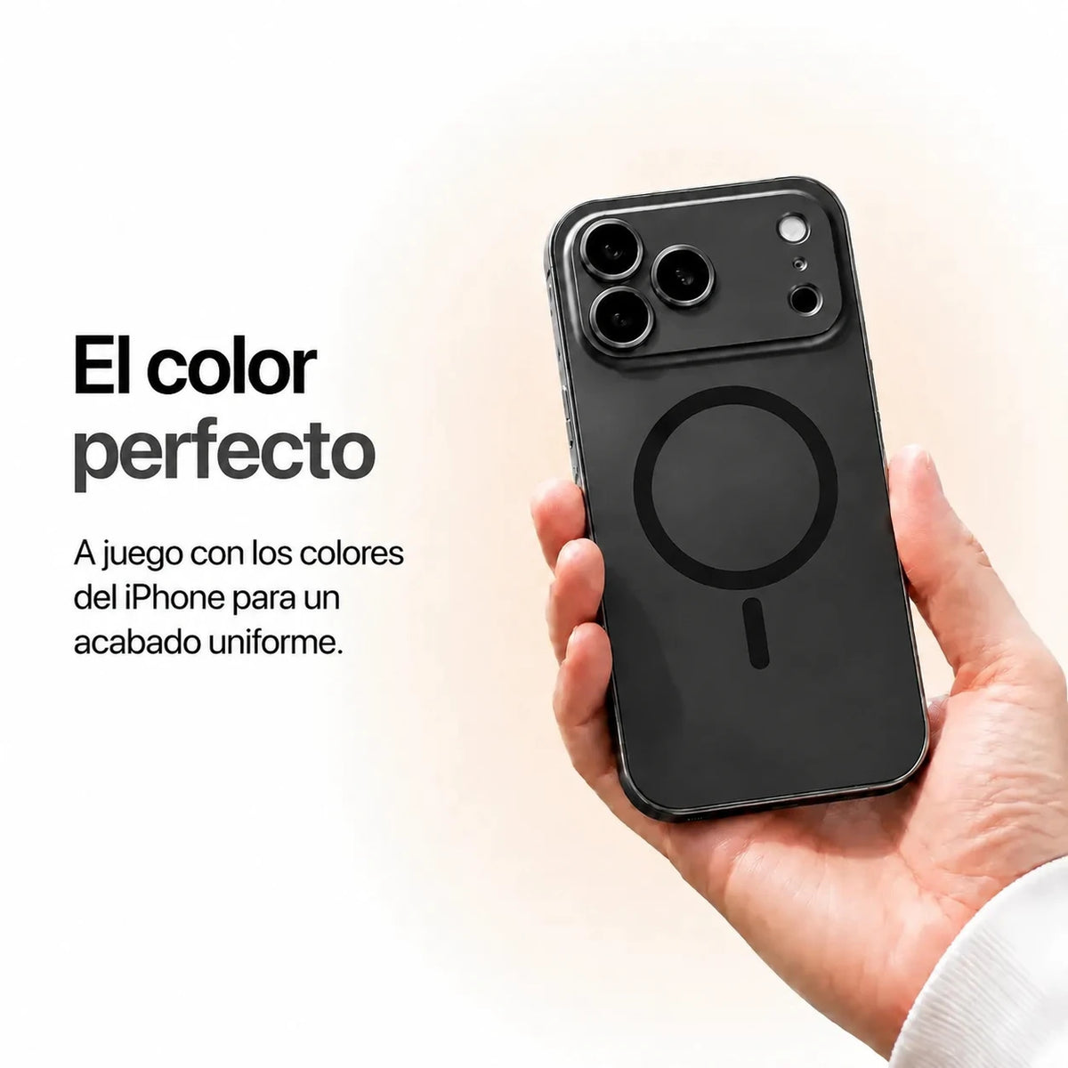 Black metal magnetic phone case held in one hand against a pale studio background #color_Midnight Black