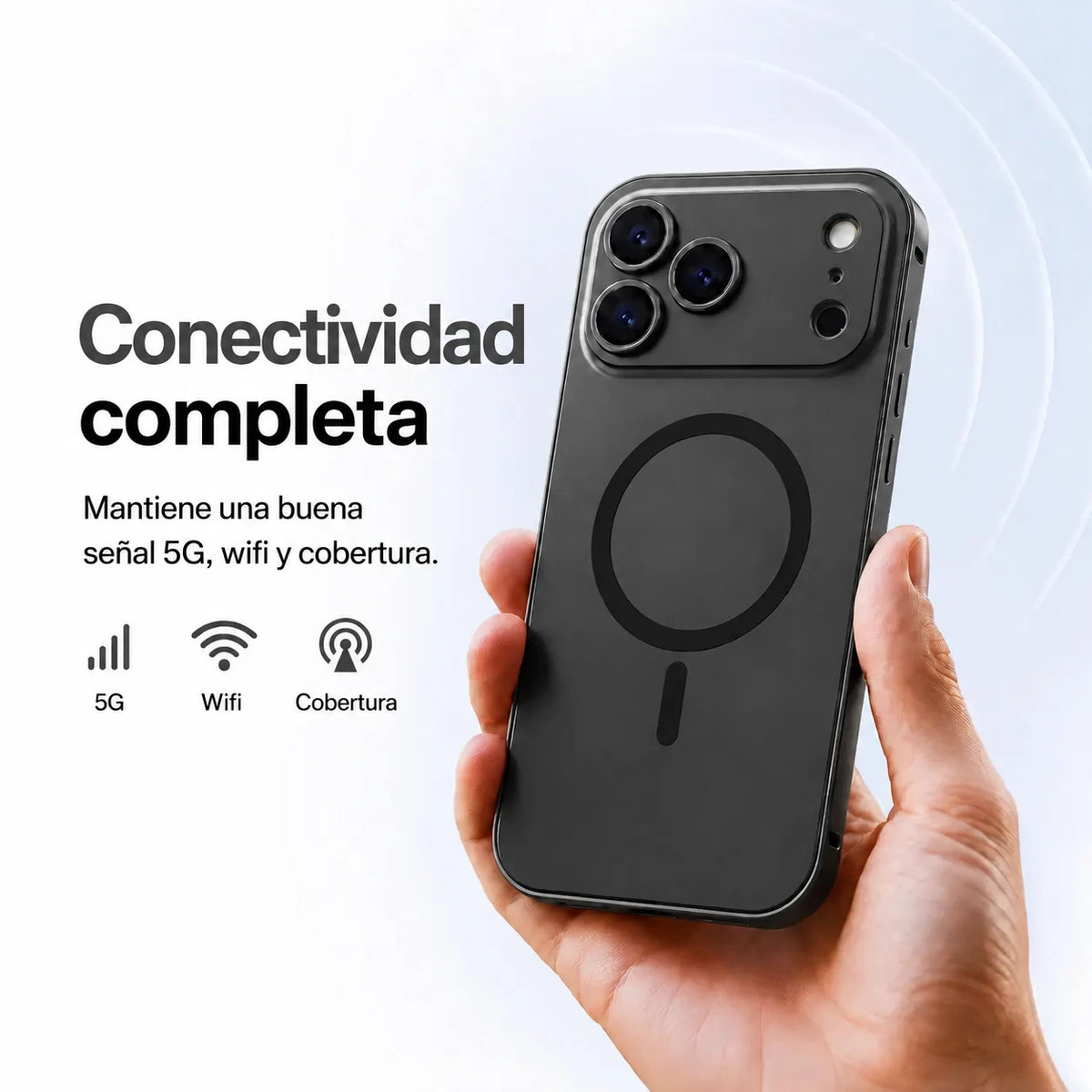 Black metal magnetic phone case held upright with illustrated signal icons #color_Midnight Black