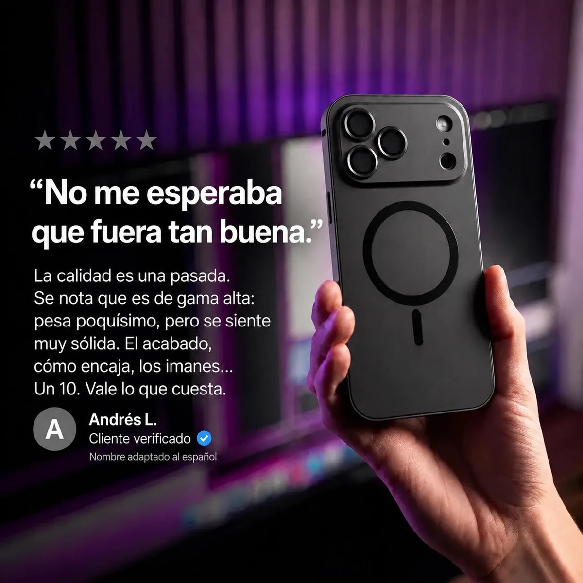 Black metal magnetic phone case held beside a purple-lit desk with a customer review quote #color_Midnight Black