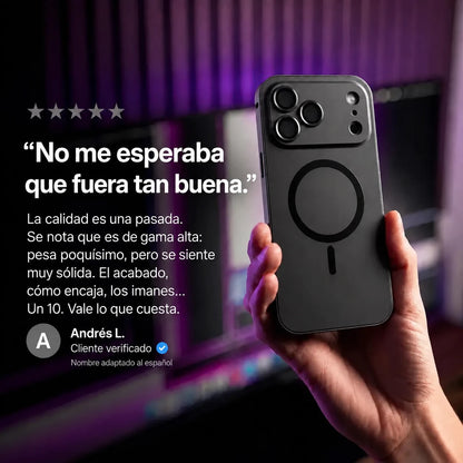 Black metal magnetic phone case held beside a purple-lit desk with a customer review quote #color_Midnight Black