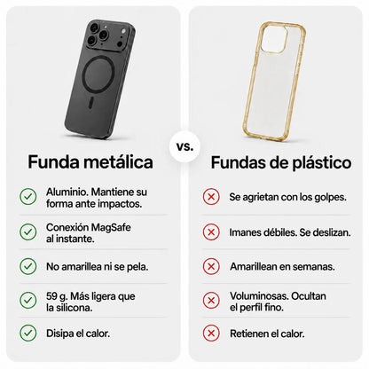 Black metal magnetic phone case beside a plastic case in a feature comparison graphic #color_Midnight Black