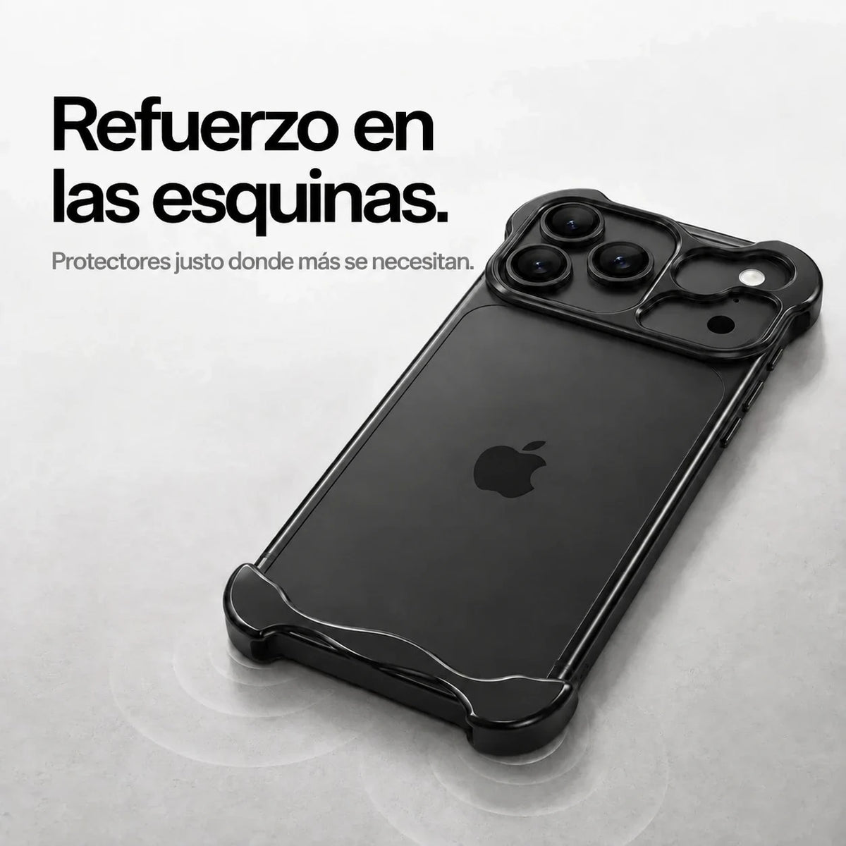 Black sculpted metal phone case on a desk showing its protective corner bumpers #color_Midnight Black