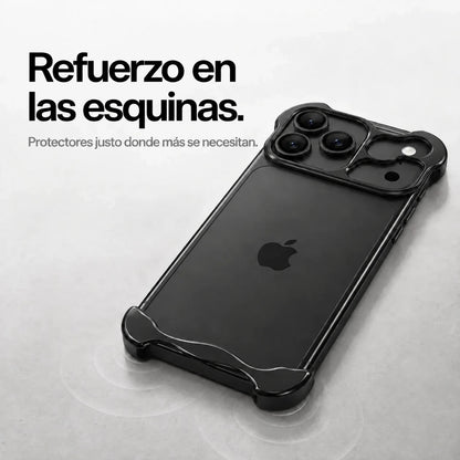 Black sculpted metal phone case on a desk showing its protective corner bumpers #color_Midnight Black