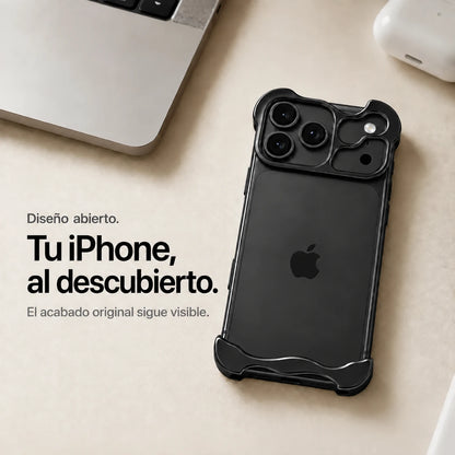 Black sculpted metal phone case on a desk showing the open back #color_Midnight Black
