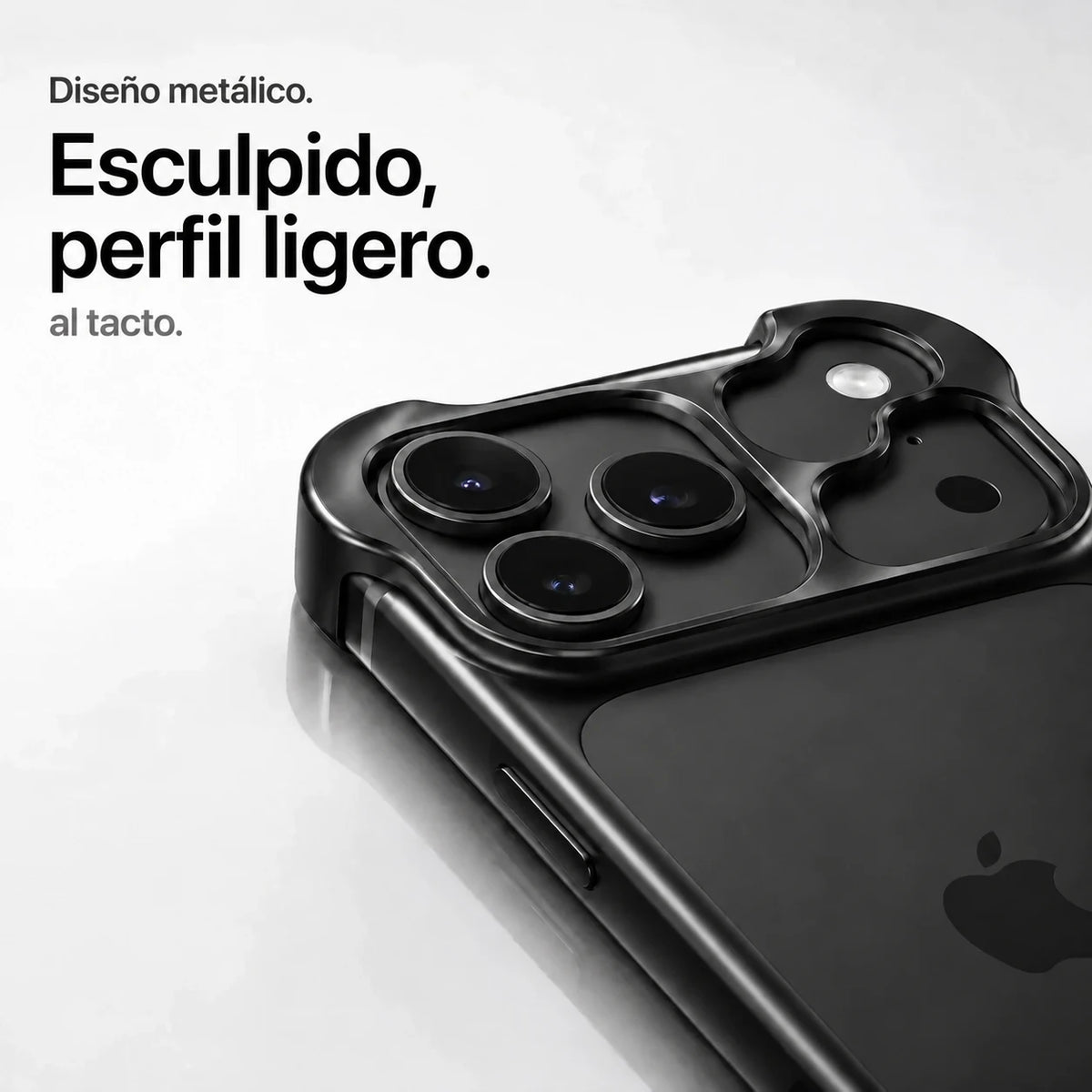Black sculpted metal phone case showing a close view of its sculpted camera guard #color_Midnight Black