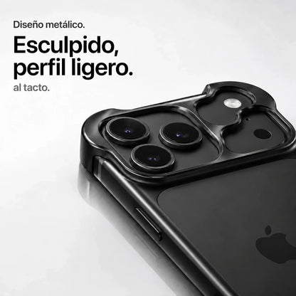 Black sculpted metal phone case showing a close view of its sculpted camera guard #color_Midnight Black