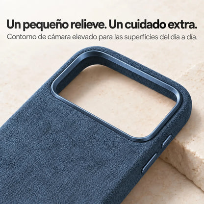 Blue fabric phone case with a close view of the raised camera surround. #color_Deep Blue