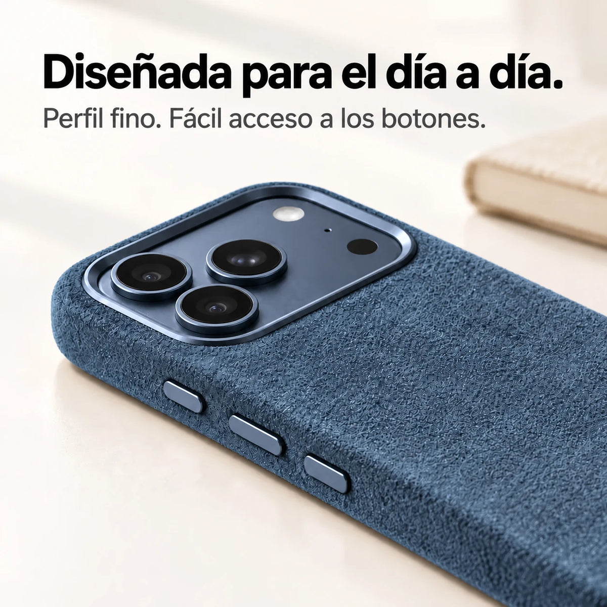 Blue fabric phone case with a close view of its slim side and controls. #color_Deep Blue