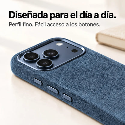 Blue fabric phone case with a close view of its slim side and controls. #color_Deep Blue