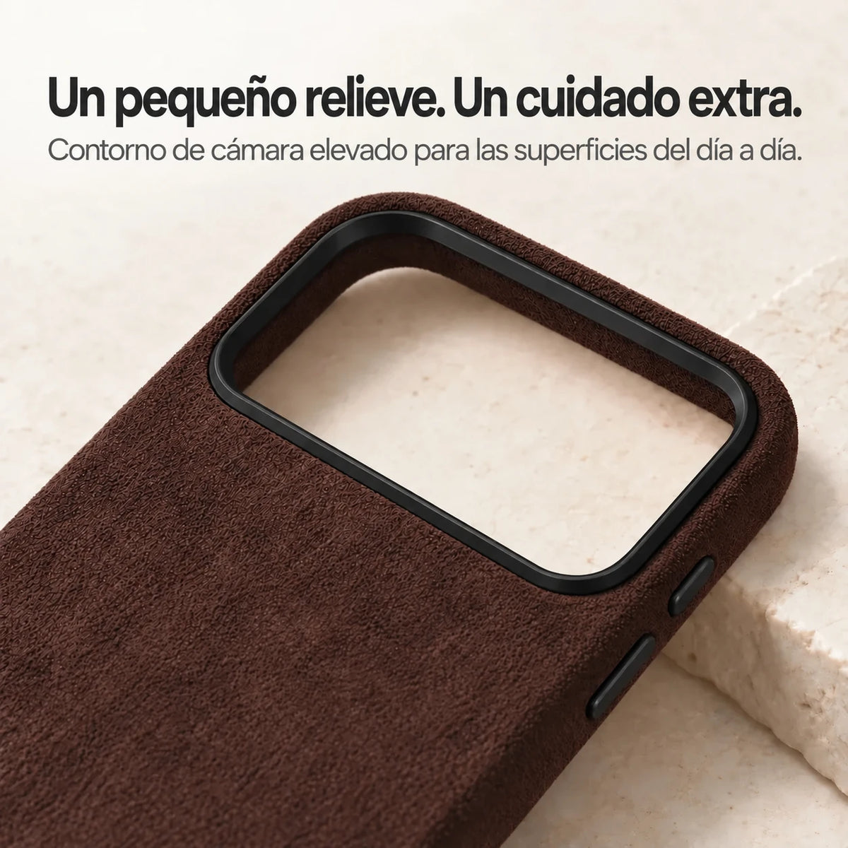Brown fabric phone case with a close view of the raised camera surround. #color_Espresso Brown