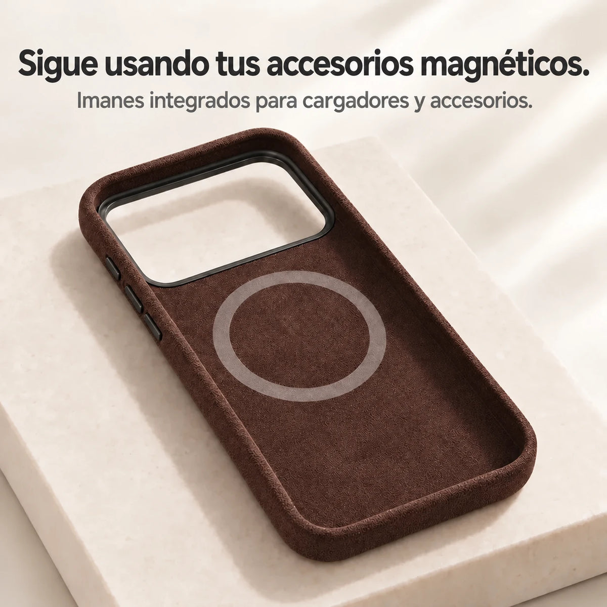 Brown fabric phone case interior showing the circular magnetic ring. #color_Espresso Brown