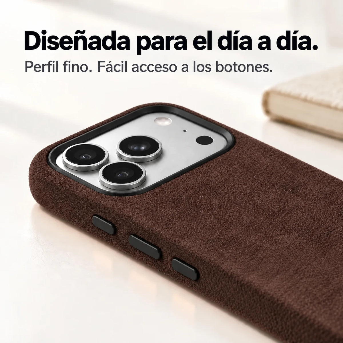 Brown fabric phone case with a close view of its slim side and controls. #color_Espresso Brown