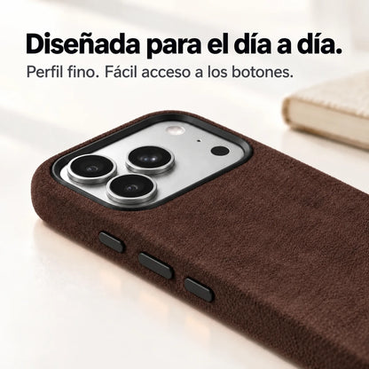 Brown fabric phone case with a close view of its slim side and controls. #color_Espresso Brown