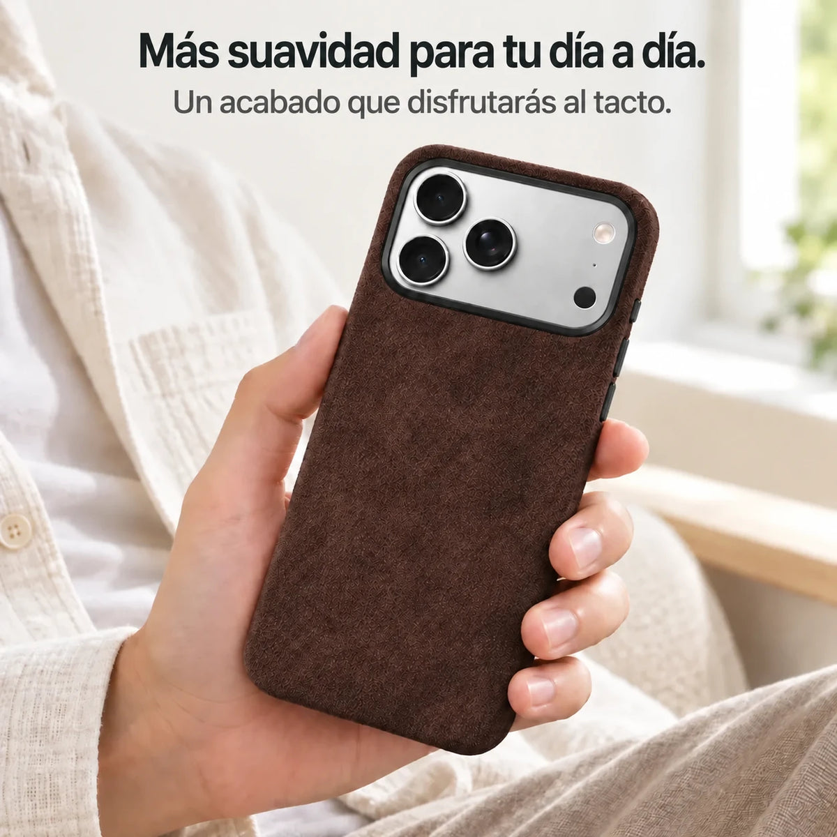Brown fabric phone case held in one hand, showing its textured back. #color_Espresso Brown
