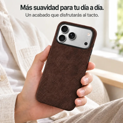 Brown fabric phone case held in one hand, showing its textured back. #color_Espresso Brown