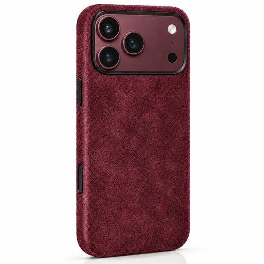 Burgundy fabric phone case with a matching Burgundy camera surface and a black protective rim. #color_Burgundy