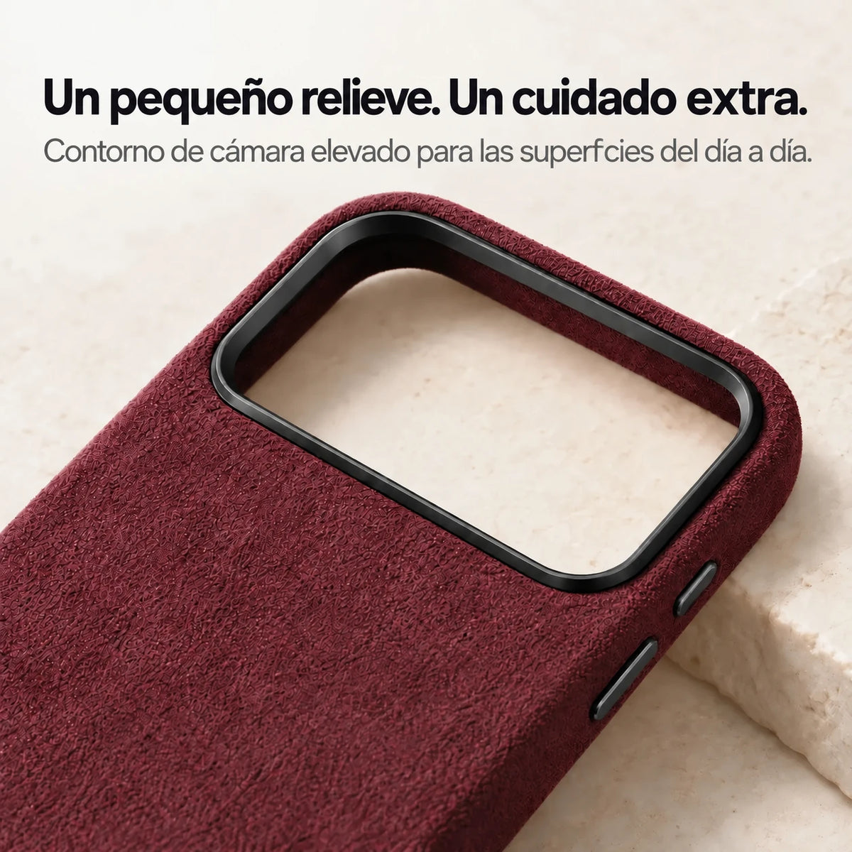 Burgundy fabric phone case with a close view of the raised camera surround. #color_Burgundy