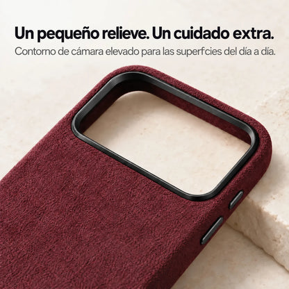 Burgundy fabric phone case with a close view of the raised camera surround. #color_Burgundy
