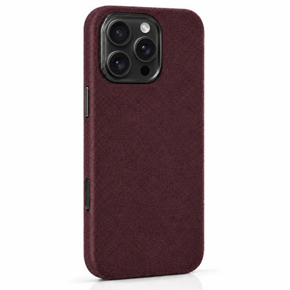 Burgundy fabric phone case with a compact square camera opening and black rim. #color_Burgundy