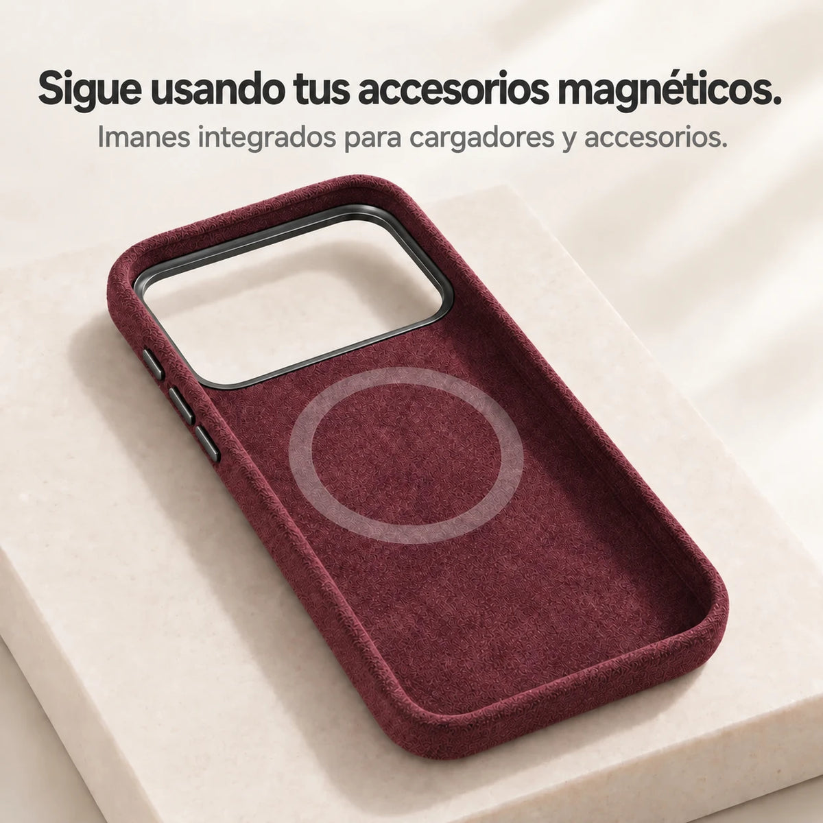 Burgundy fabric phone case interior showing the circular magnetic ring. #color_Burgundy