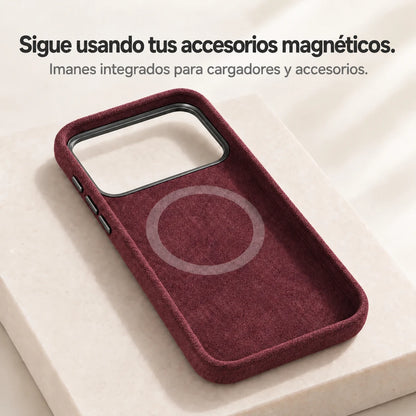 Burgundy fabric phone case interior showing the circular magnetic ring. #color_Burgundy