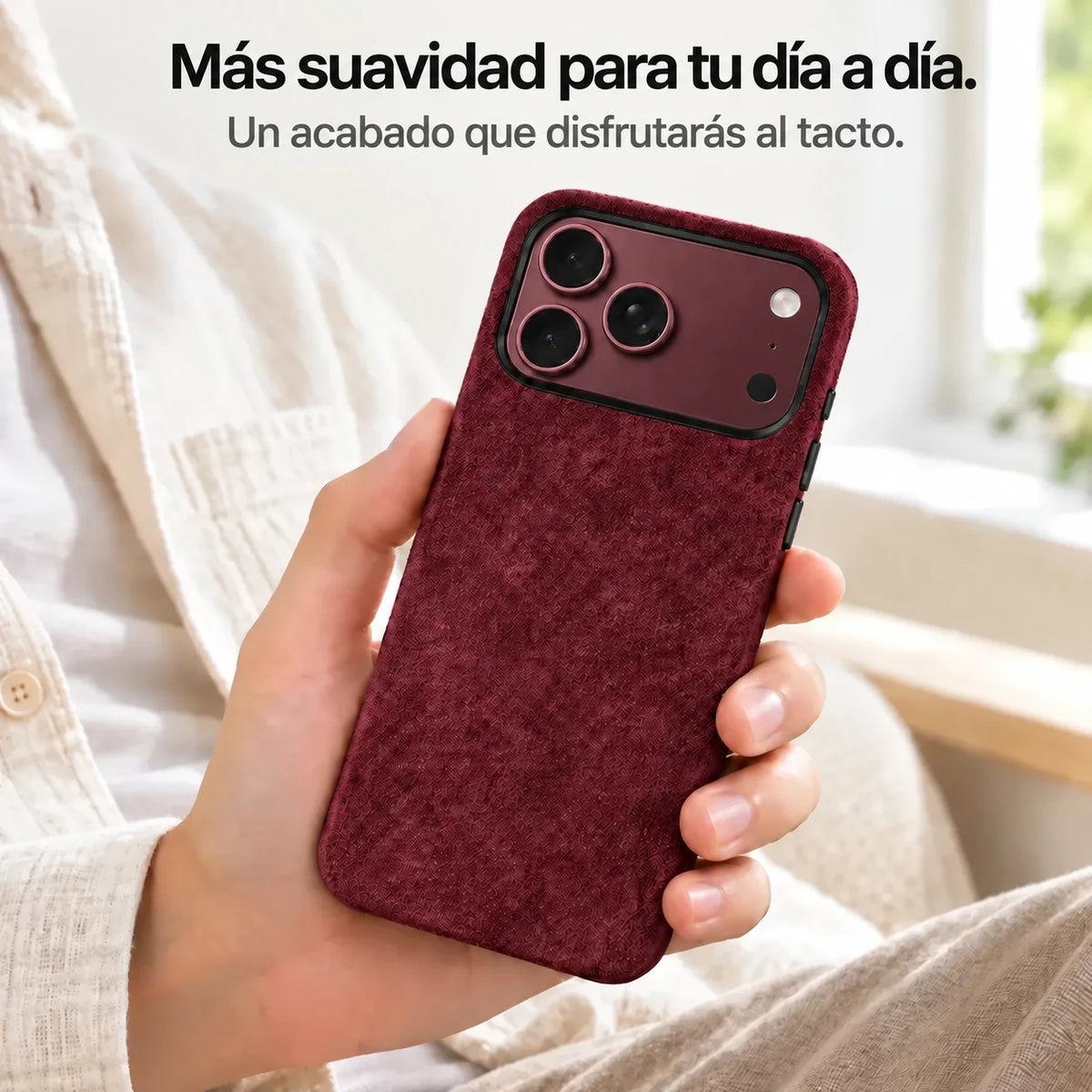 Burgundy fabric phone case held in one hand, with a matching Burgundy phone and black camera rim. #color_Burgundy