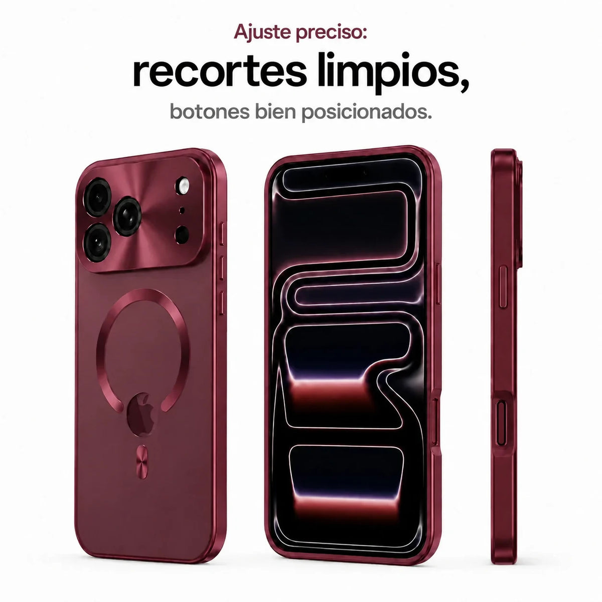 Burgundy metal frame phone case showing the front, back, side buttons and cutouts #color_Burgundy