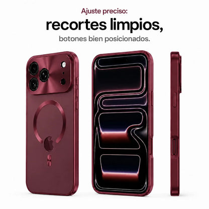 Burgundy metal frame phone case showing the front, back, side buttons and cutouts #color_Burgundy