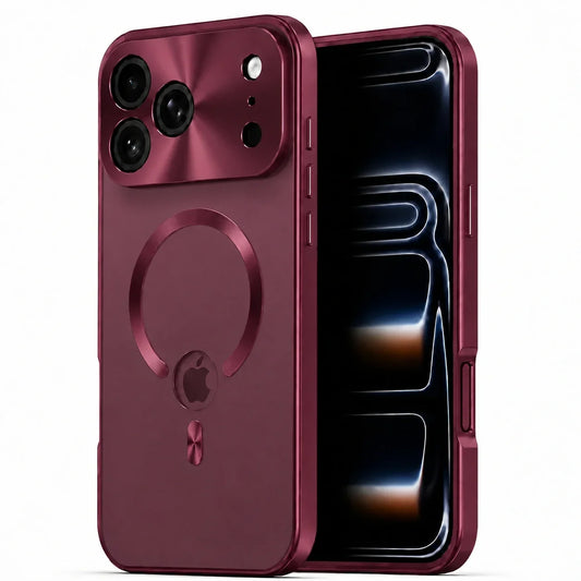 Burgundy metal frame phone case shown from the front and back #color_Burgundy