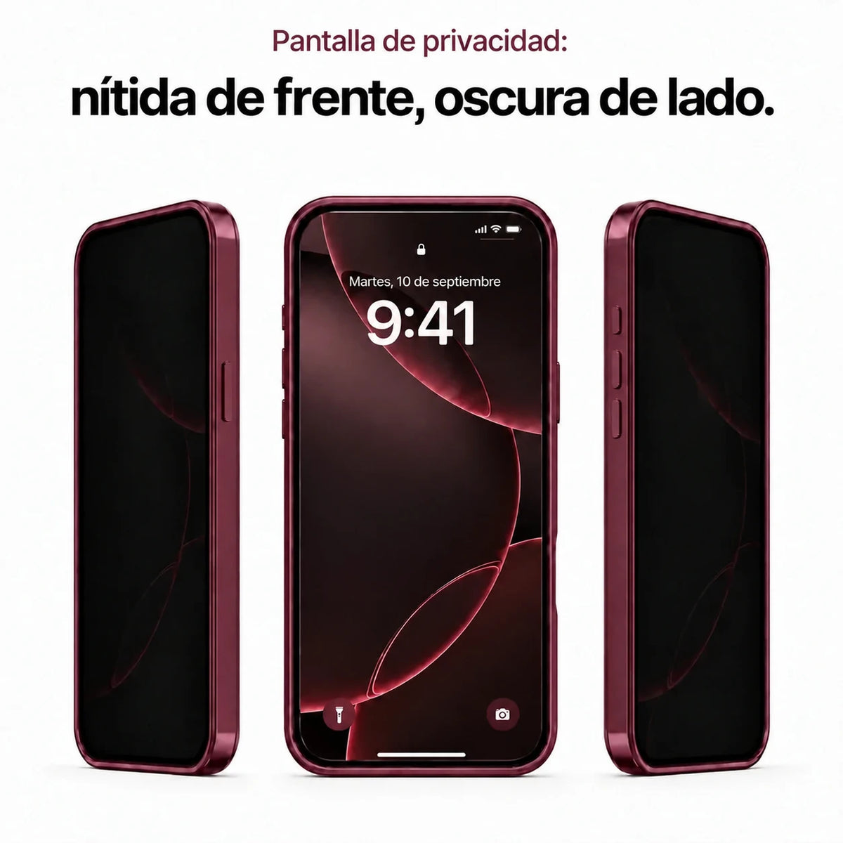 Burgundy metal frame phone case showing the privacy screen from three angles #color_Burgundy
