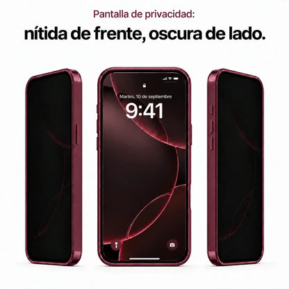 Burgundy metal frame phone case showing the privacy screen from three angles #color_Burgundy
