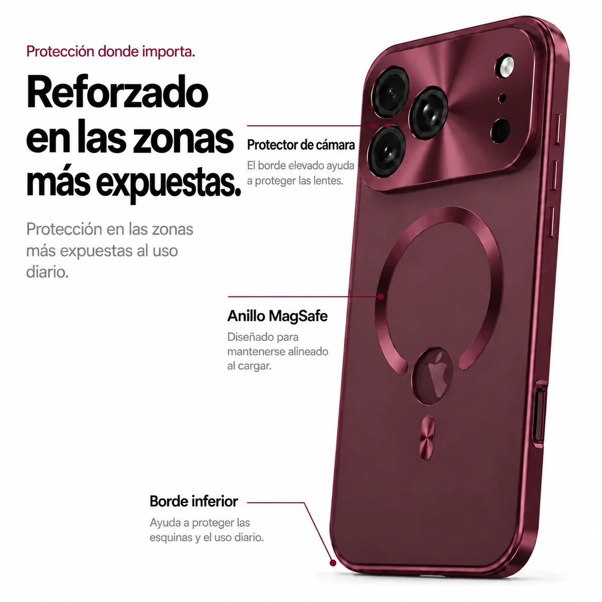 Burgundy metal frame phone case with camera guard, magnetic ring and lower edge callouts #color_Burgundy