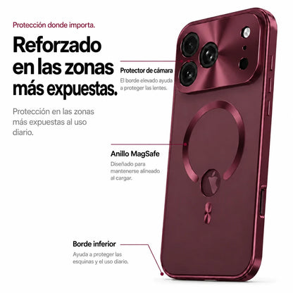 Burgundy metal frame phone case with camera guard, magnetic ring and lower edge callouts #color_Burgundy