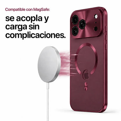 Burgundy metal frame phone case beside a round magnetic wireless charger #color_Burgundy