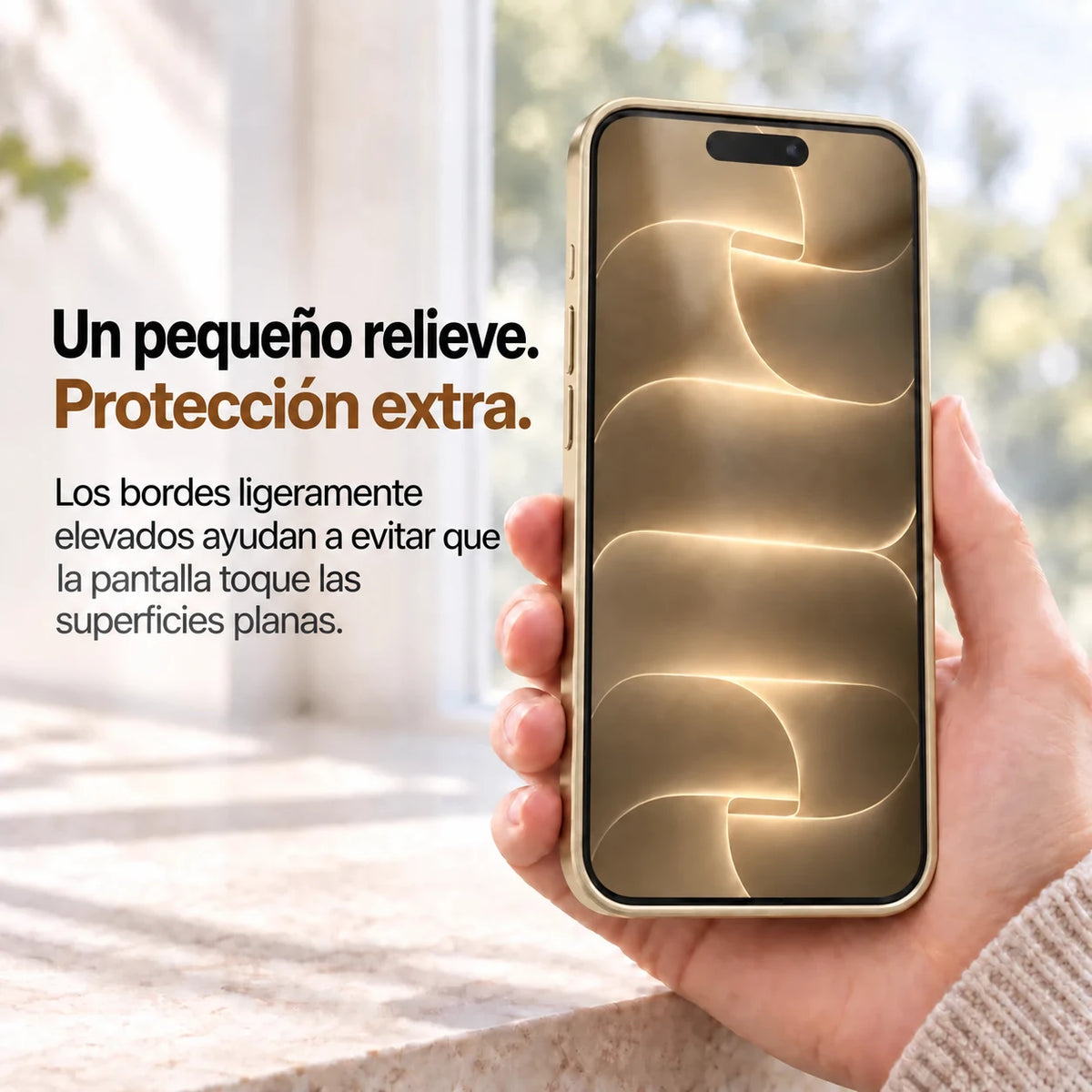 Champagne gold metal phone case held with the front display and raised screen edges visible #color_Champagne Gold
