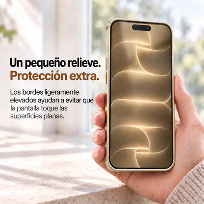Champagne gold metal phone case held with the front display and raised screen edges visible #color_Champagne Gold