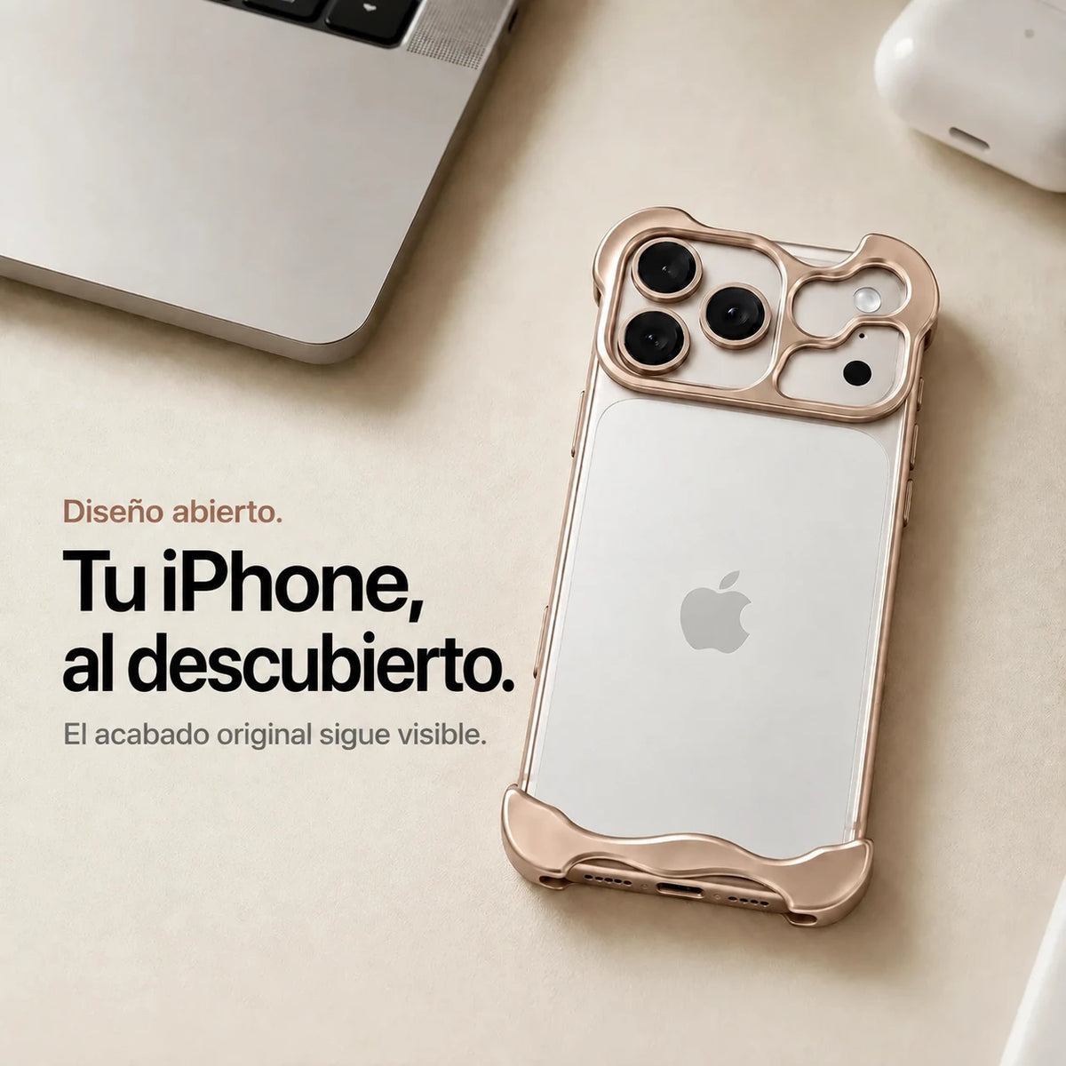 Champagne gold sculpted metal phone case on a desk showing the open back #color_Champagne Gold