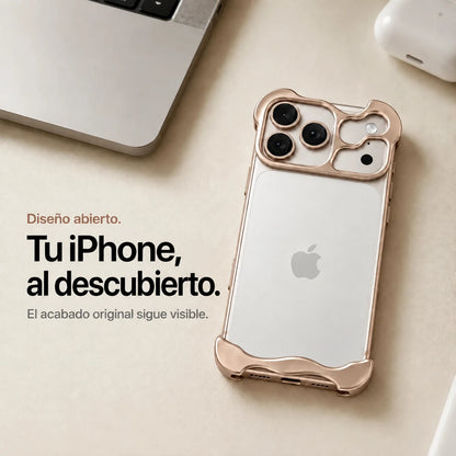 Champagne gold sculpted metal phone case on a desk showing the open back #color_Champagne Gold