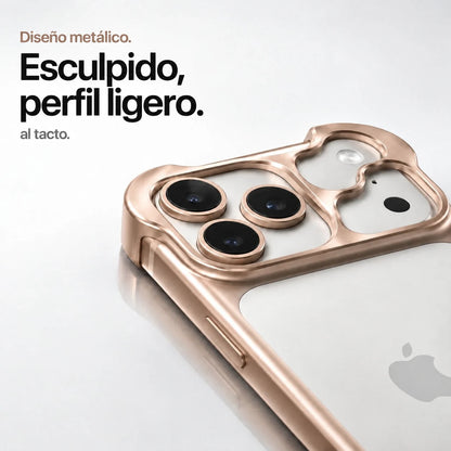 Champagne gold sculpted metal phone case showing a close view of its sculpted camera guard #color_Champagne Gold