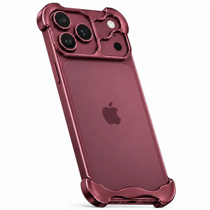 Burgundy sculpted metal phone case shown at an angle from the rear #color_Burgundy