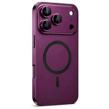 Burgundy metal magnetic phone case with a wide camera surround, shown from the rear on white #color_Burgundy