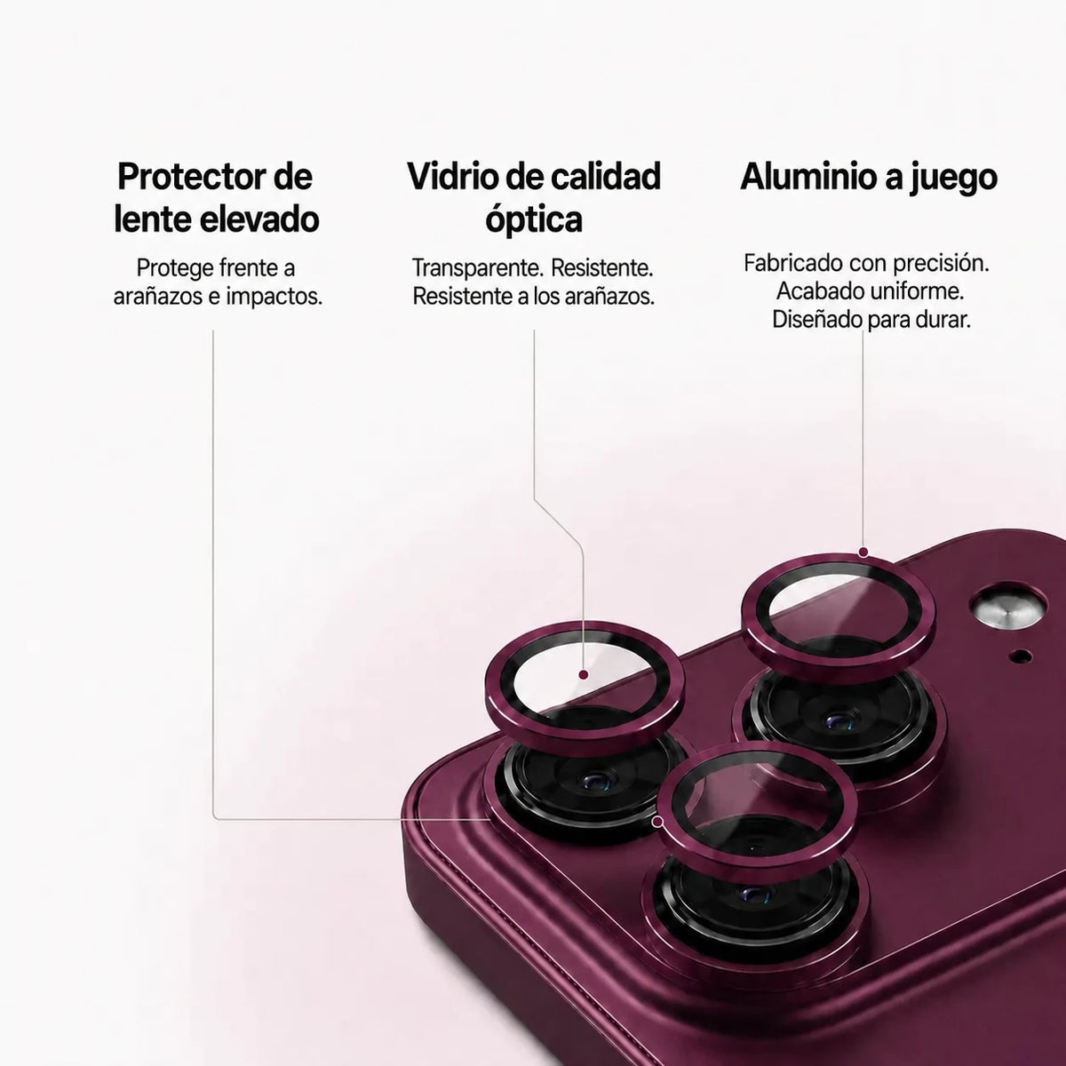 Burgundy metal phone case in an exploded close-up showing camera lens guards and trim #color_Burgundy