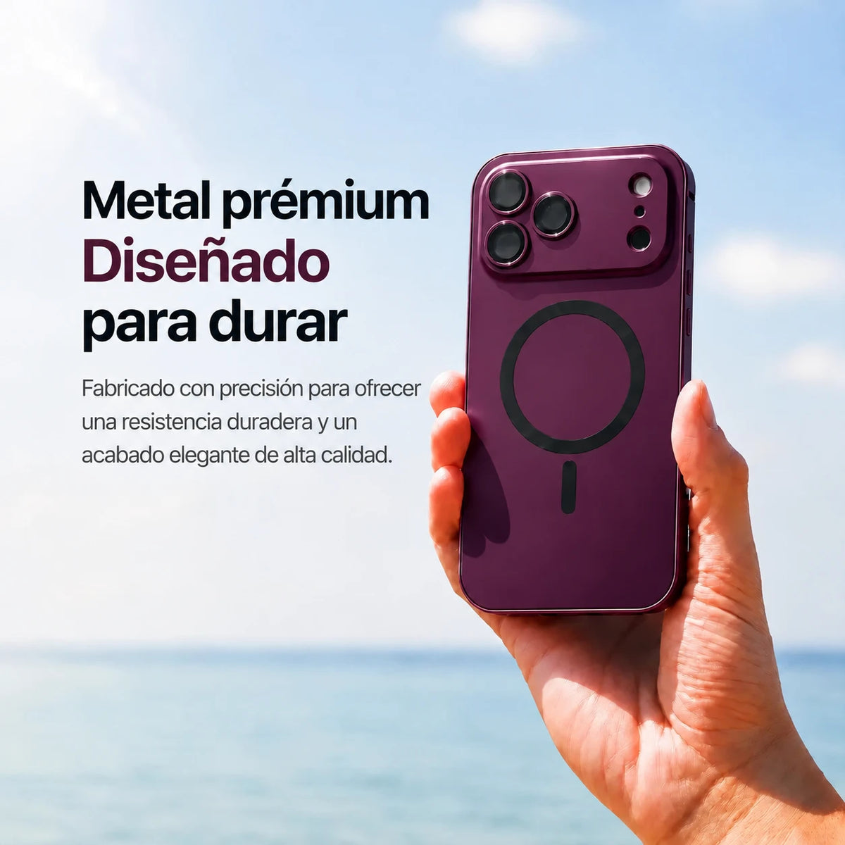 Burgundy metal magnetic phone case held upright beside the sea with a material feature caption #color_Burgundy
