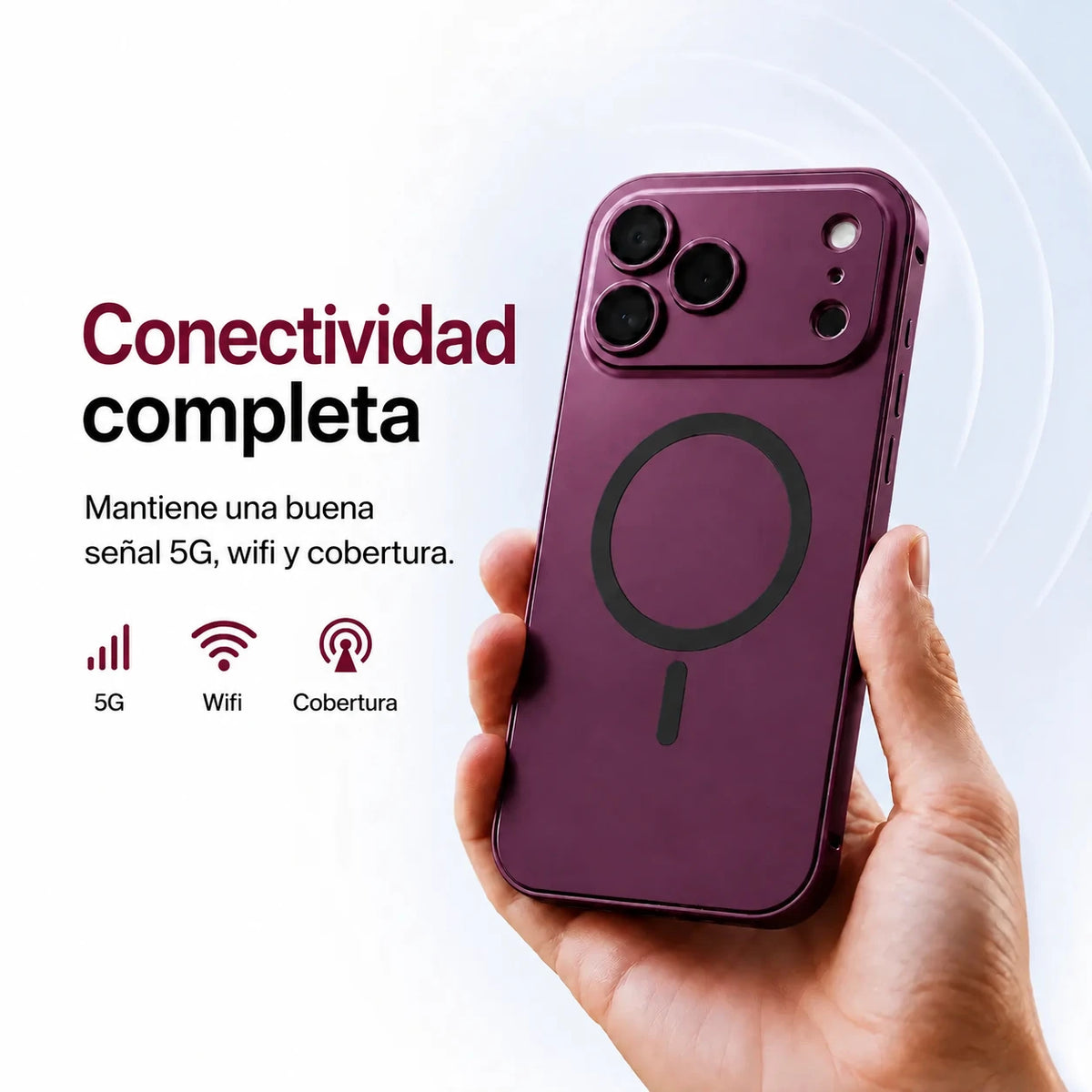 Burgundy metal magnetic phone case held upright with illustrated signal icons #color_Burgundy