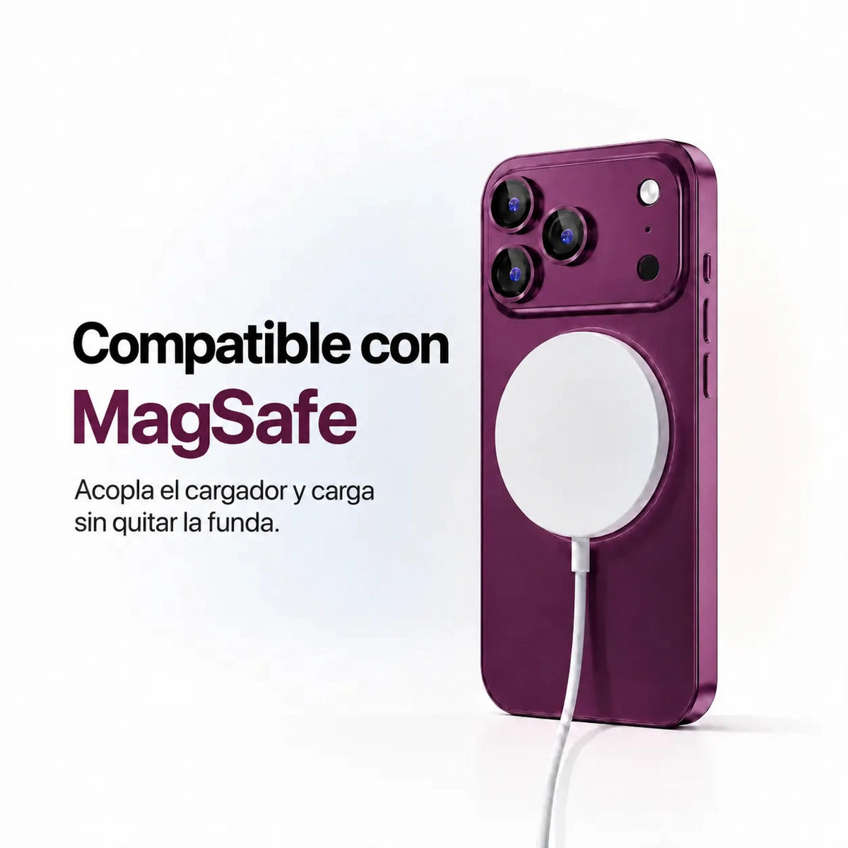 Burgundy metal phone case attached to a round white magnetic wireless charging puck #color_Burgundy